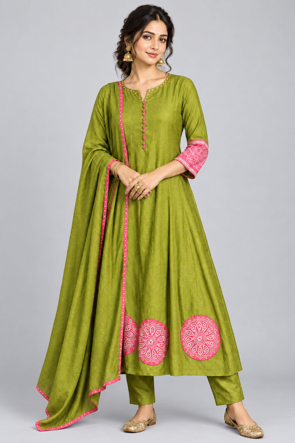Mehandi Green Mul Chanderi Thread Embroidery A Line Kurtha 63