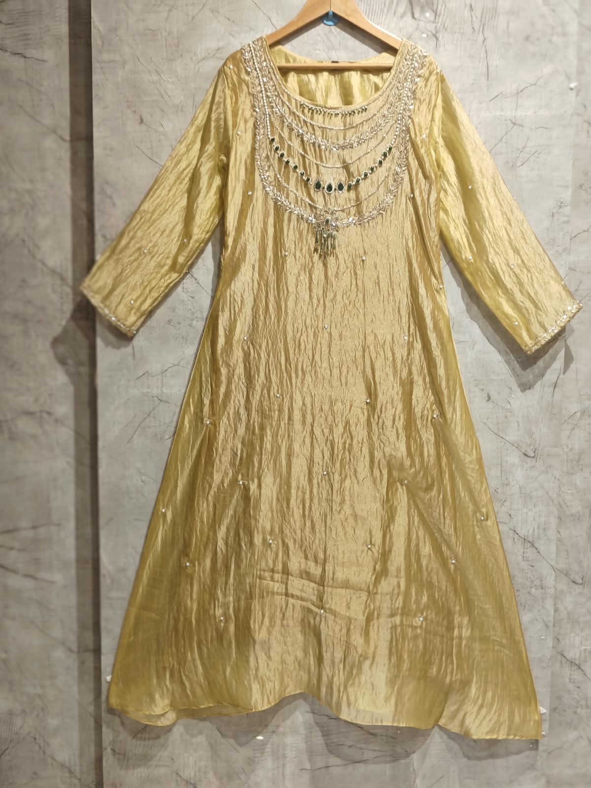 Yellow Pure Soft Tissue Silk A line Kurtha 527