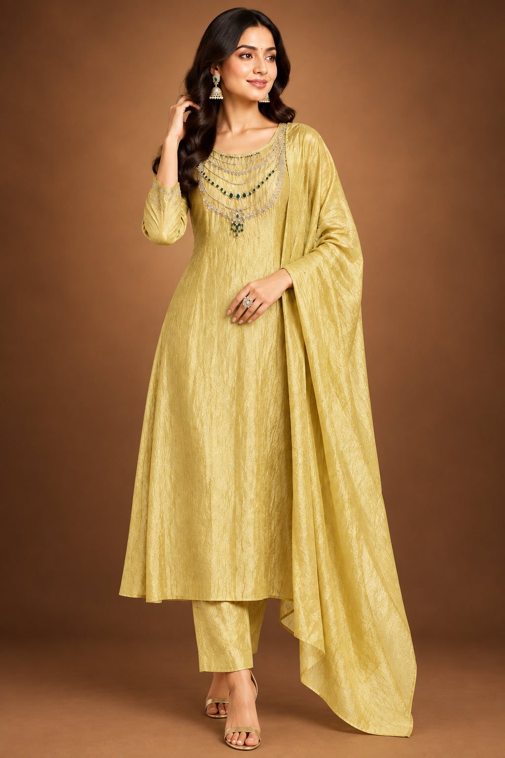 Yellow Pure Soft Tissue Silk A line Kurtha 527