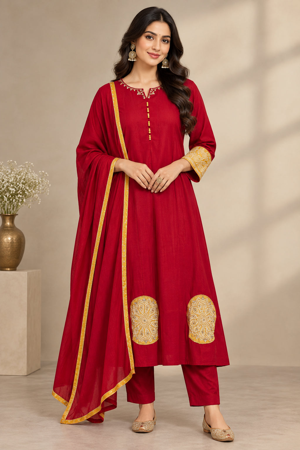 Dark Pink Mul Chanderi Thread Embroidery A Line Kurtha 63