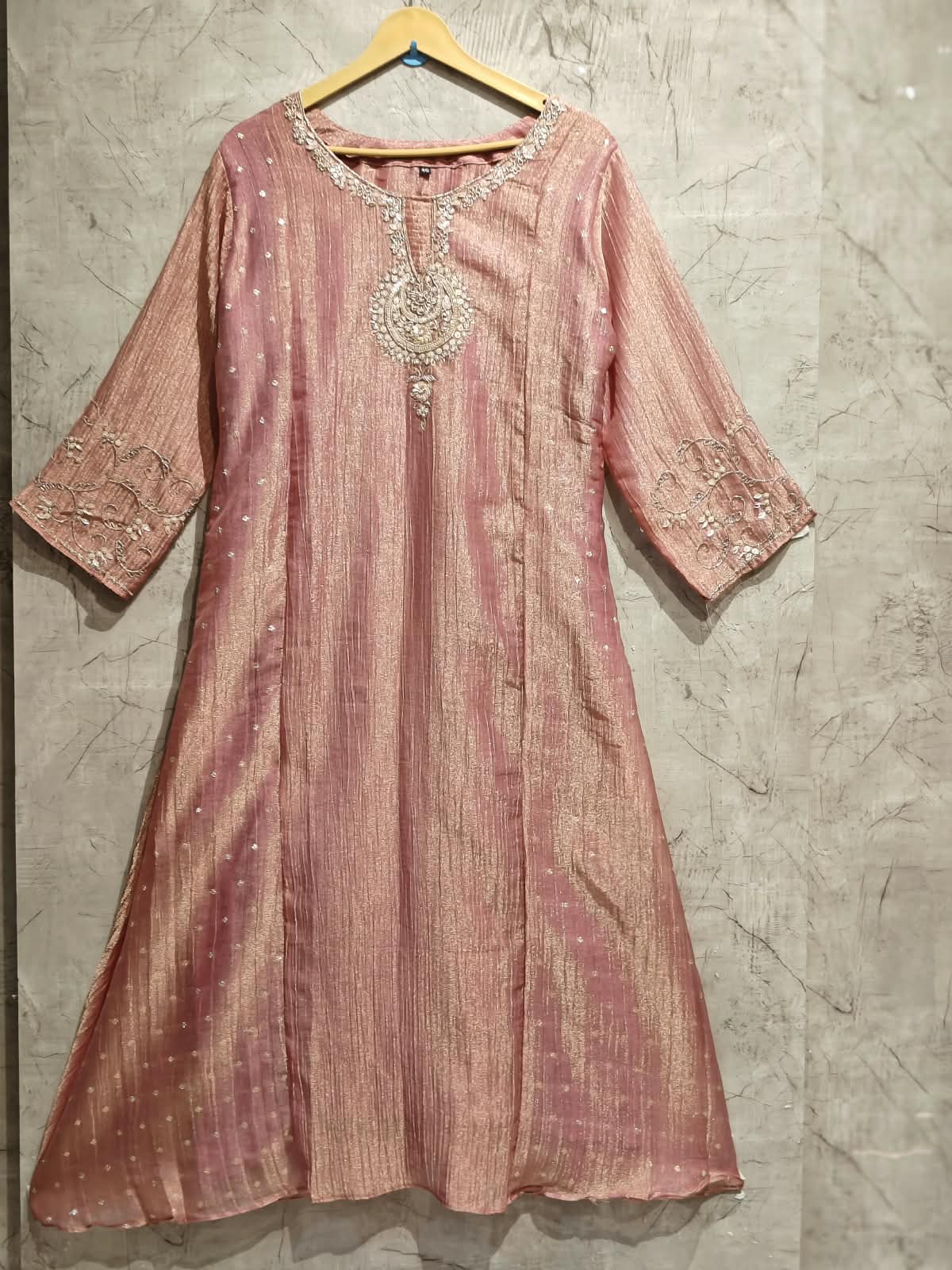 Pink Banarasi Crush Tissue Silk A line Kurtha  527