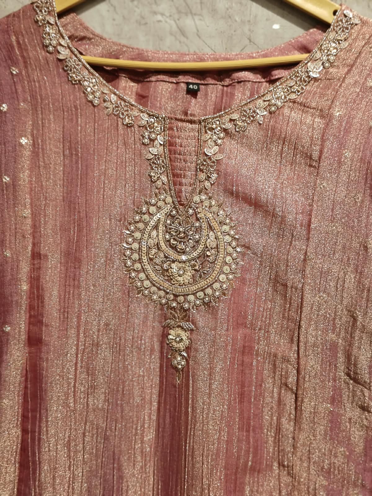 Pink Banarasi Crush Tissue Silk A line Kurtha  527