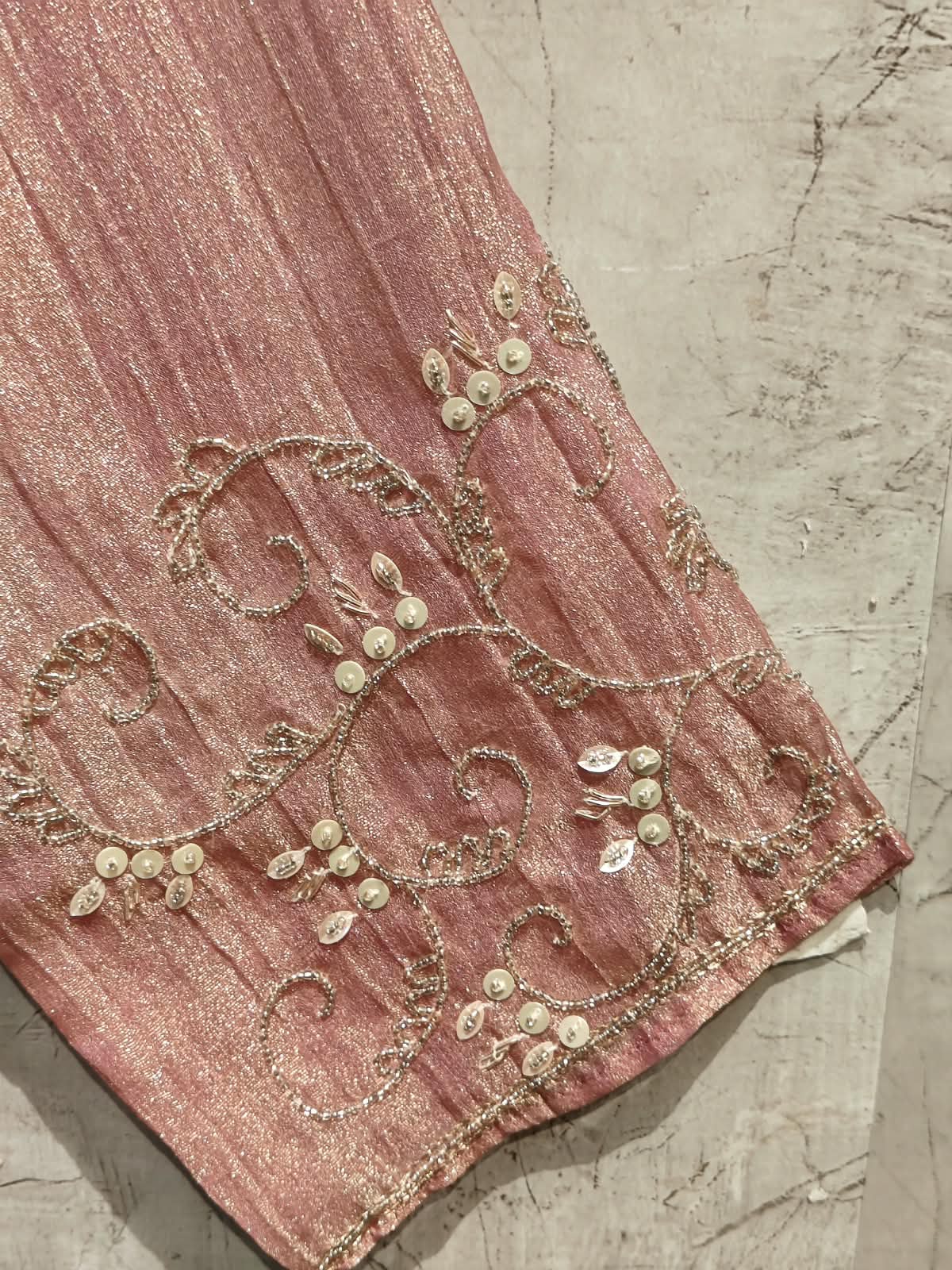 Pink Banarasi Crush Tissue Silk A line Kurtha  527