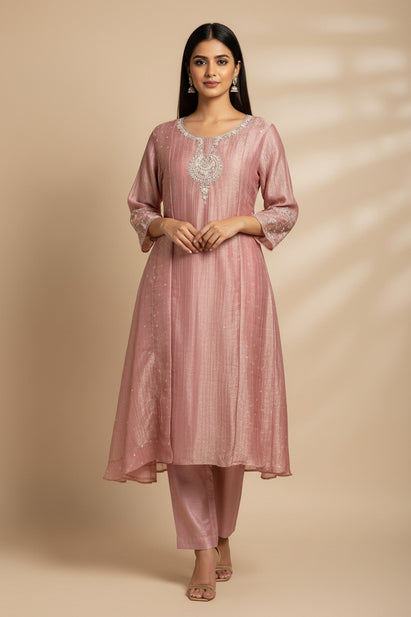 Pink Banarasi Crush Tissue Silk A line Kurtha  527