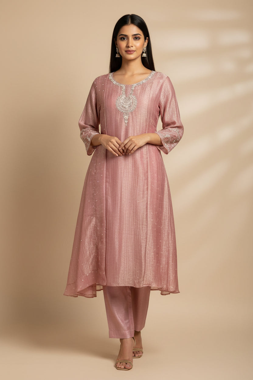 Pink Banarasi Crush Tissue Silk A line Kurtha  527