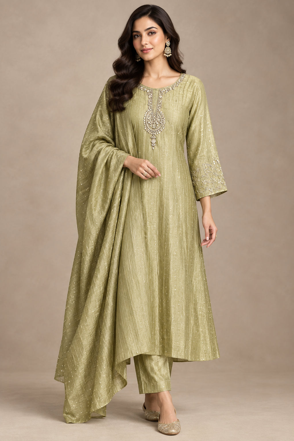Pista green  Banarasi Crush Tissue Silk A line Kurtha  527