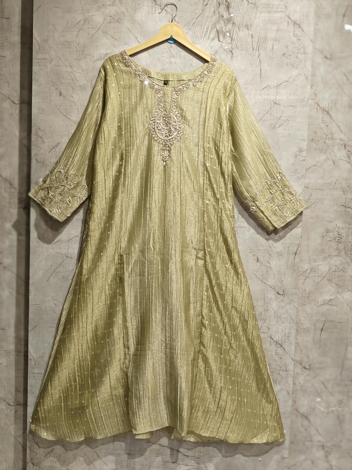 Pista green  Banarasi Crush Tissue Silk A line Kurtha  527