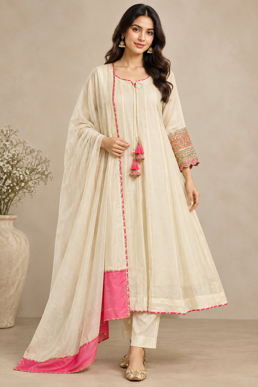 White Mul Chanderi Thread Embroidery A Line Kurtha 63