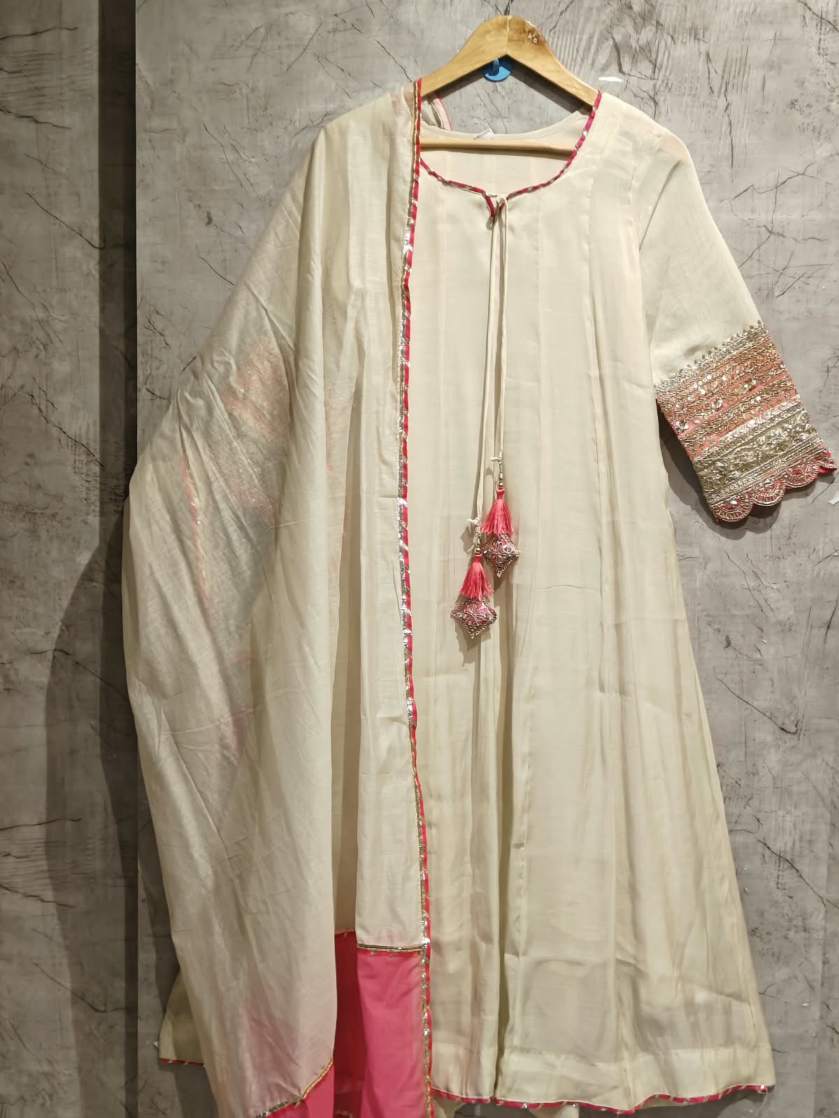 White Mul Chanderi Thread Embroidery A Line Kurtha 63