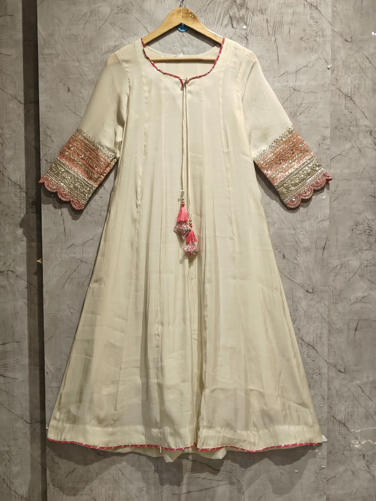 White Mul Chanderi Thread Embroidery A Line Kurtha 63