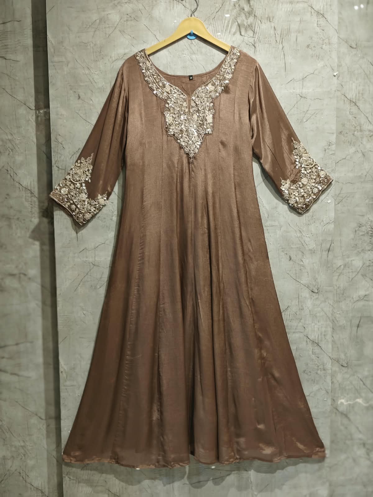 Brown Anarkali chinnon handwork party ware Kurtha 567