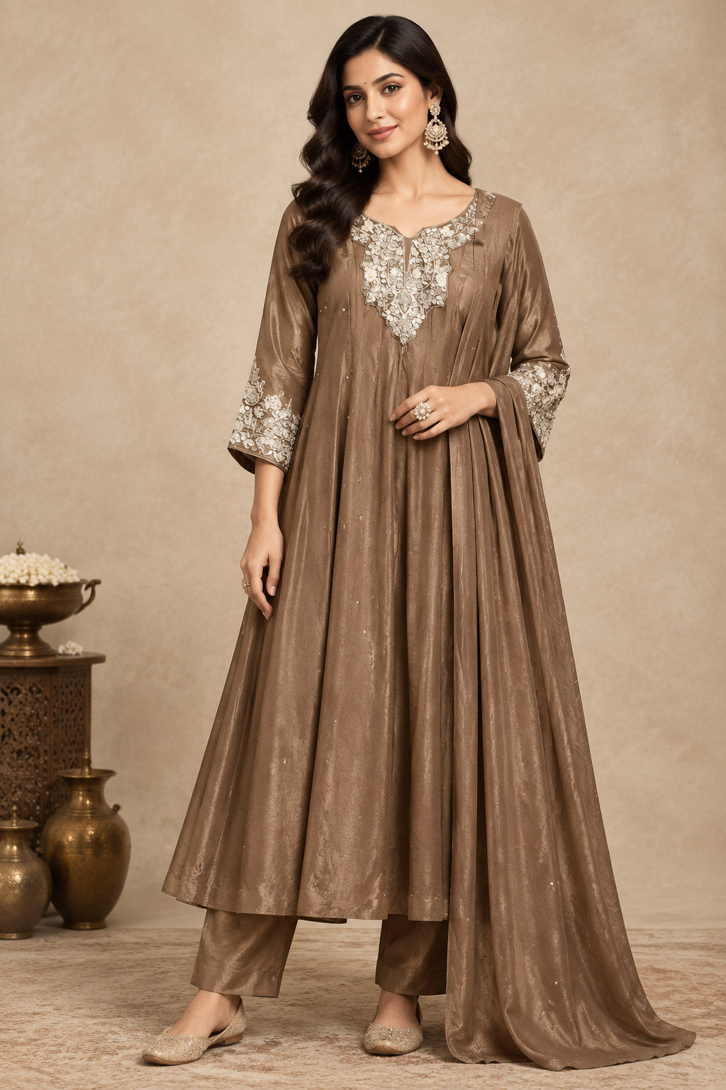 Brown Anarkali chinnon handwork party ware Kurtha 567