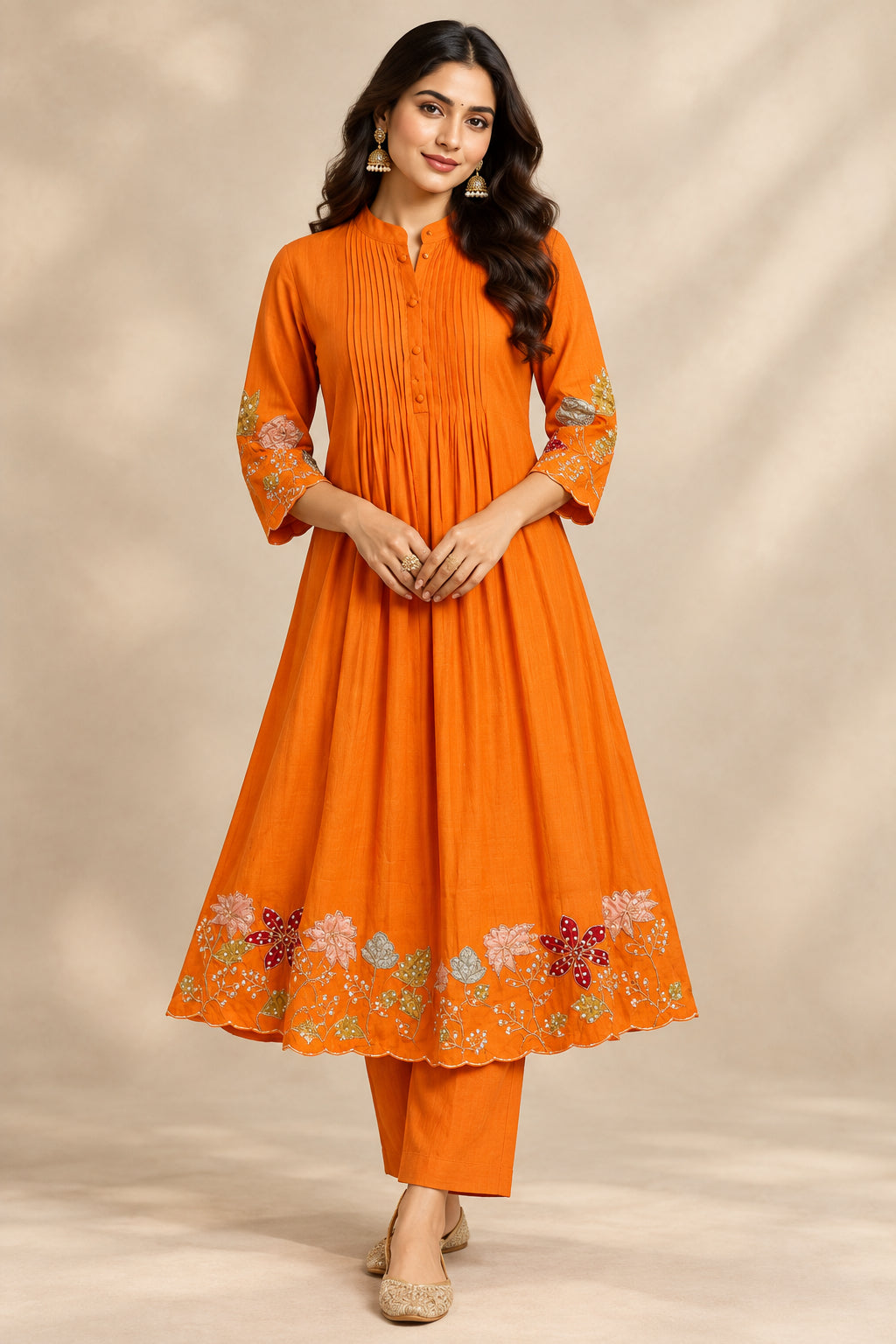 Orange  Mul Chanderi Hand Embroidery A Line Kurtha 616