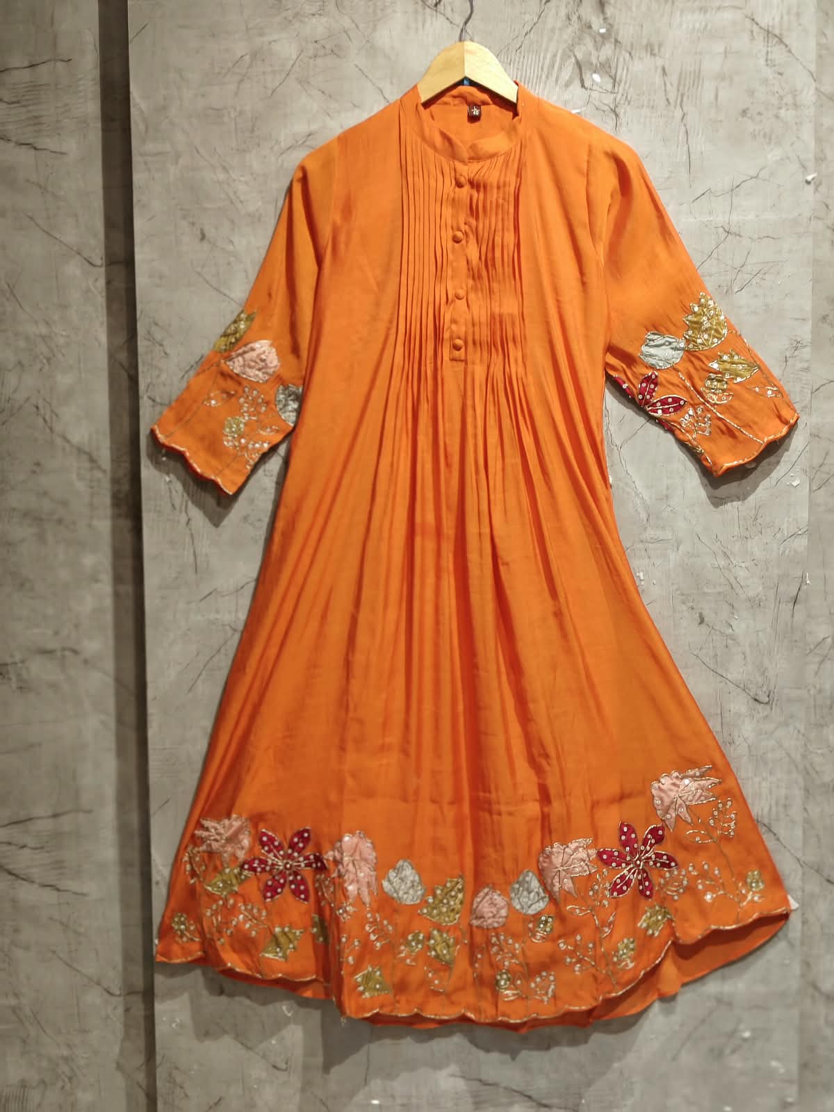 Orange  Mul Chanderi Hand Embroidery A Line Kurtha 616