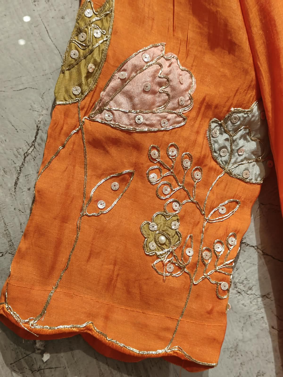 Orange  Mul Chanderi Hand Embroidery A Line Kurtha 616