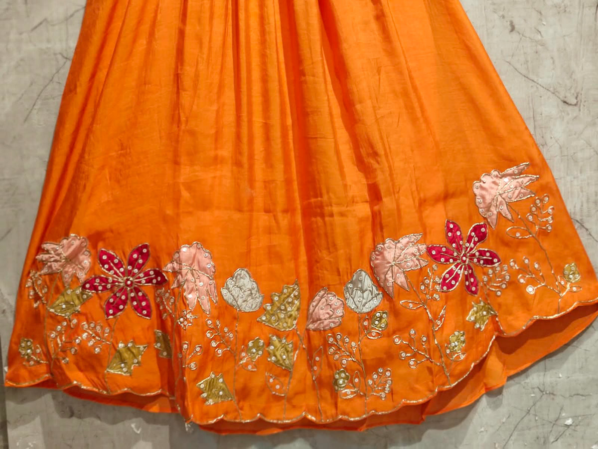 Orange  Mul Chanderi Hand Embroidery A Line Kurtha 616