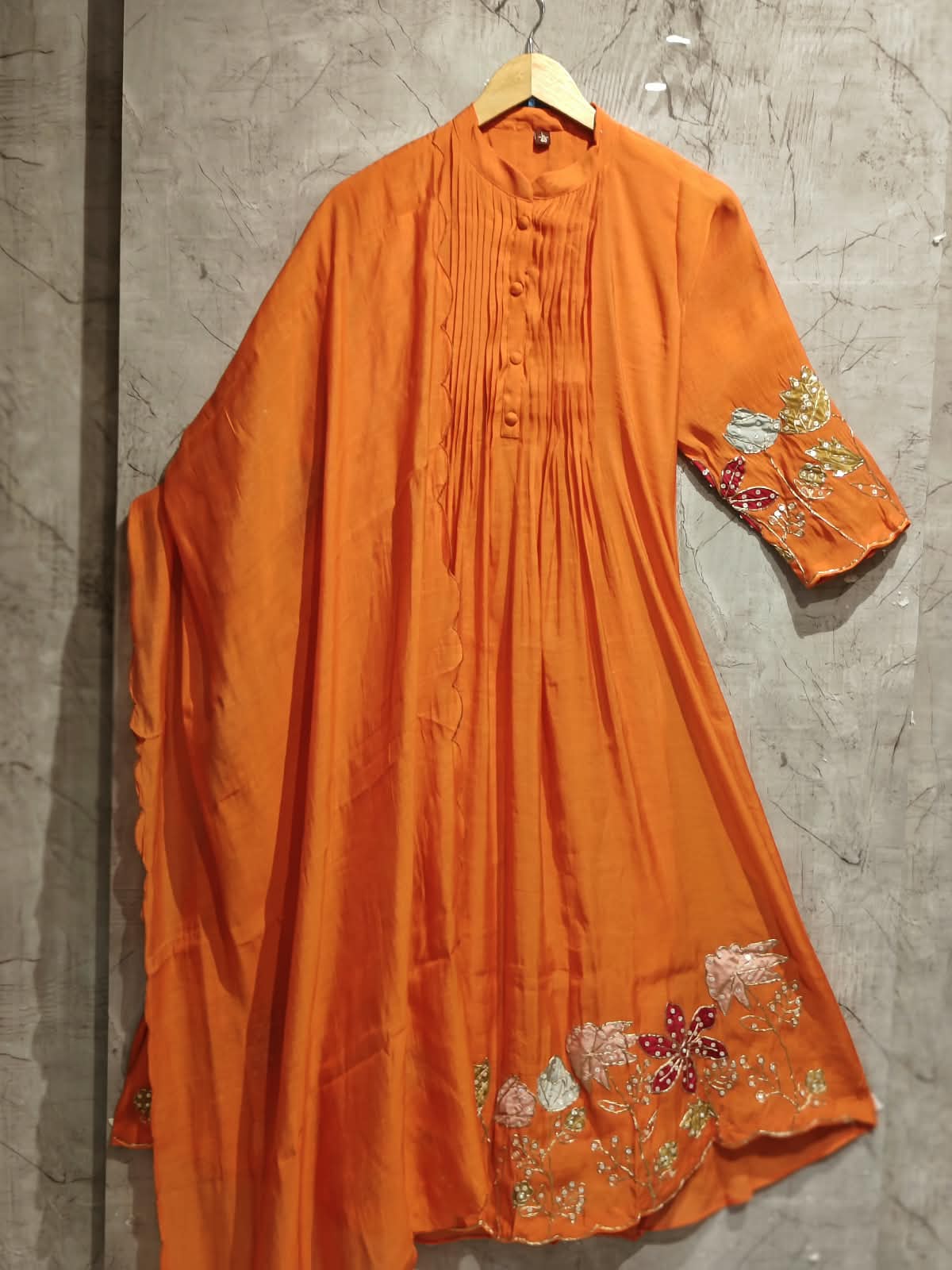 Orange  Mul Chanderi Hand Embroidery A Line Kurtha 616