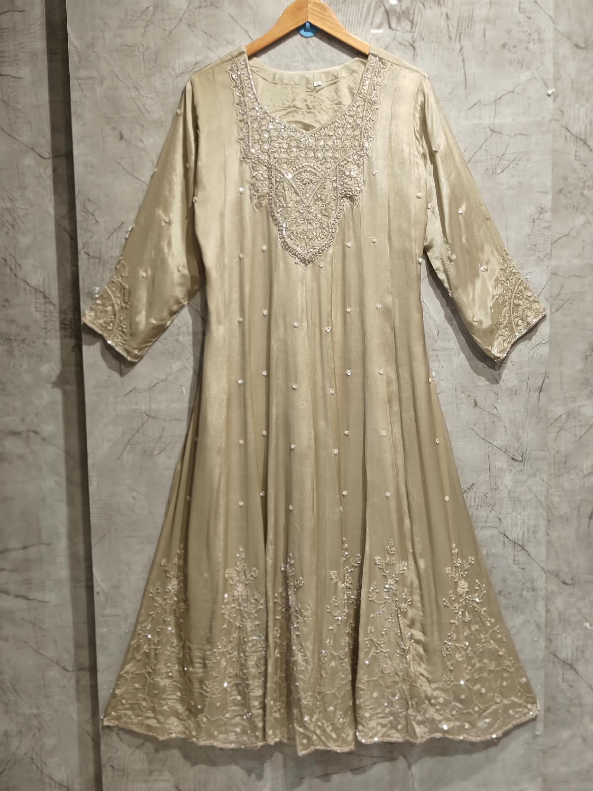 Beige Anarkali chinnon handwork party ware Kurtha 567