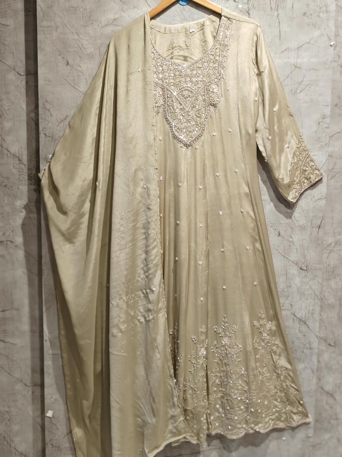 Beige Anarkali chinnon handwork party ware Kurtha 567