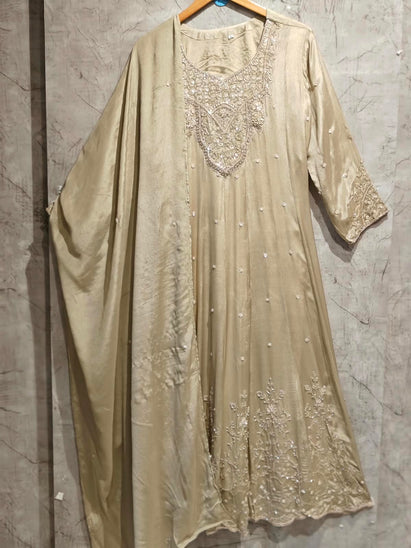 Beige Anarkali chinnon handwork party ware Kurtha 567