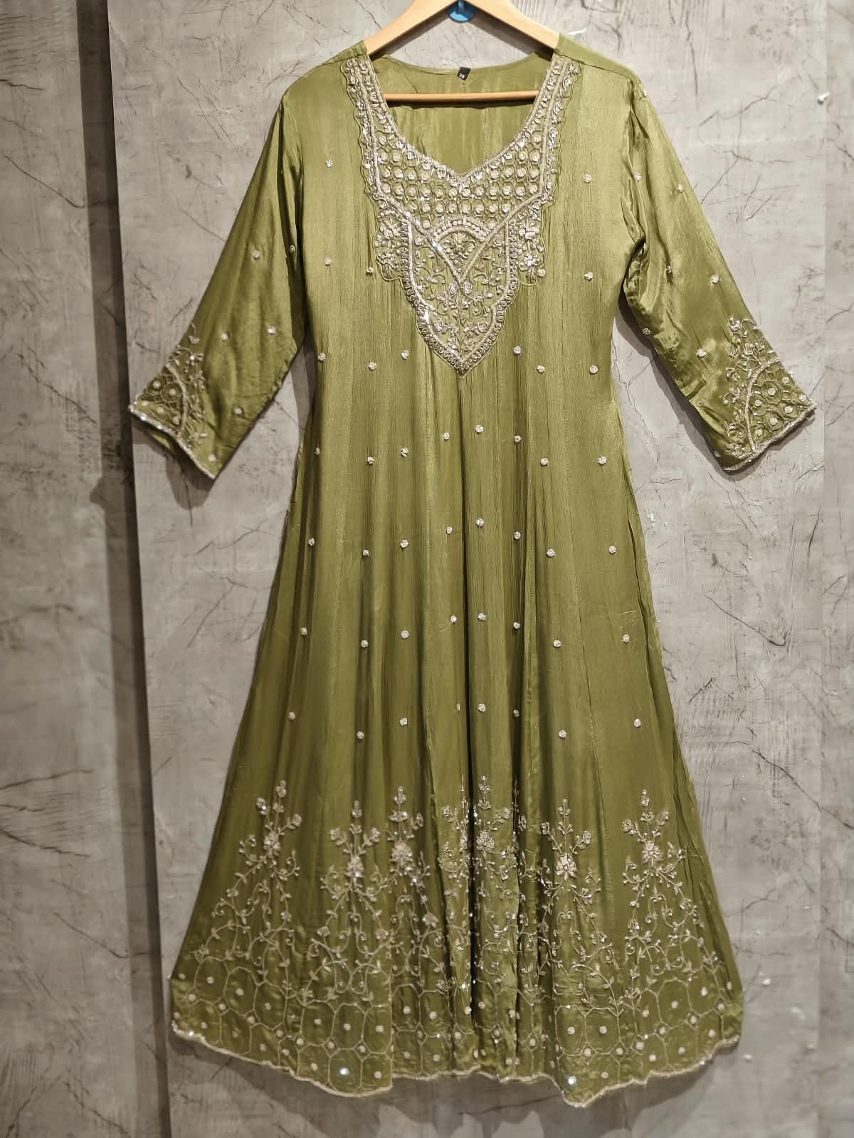 Mehandi Green Anarkali chinnon handwork party ware Kurtha 567