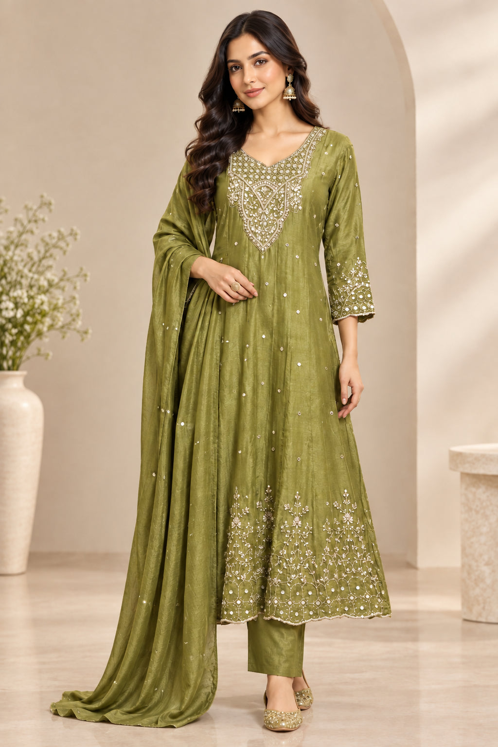 Mehandi Green Anarkali chinnon handwork party ware Kurtha 567