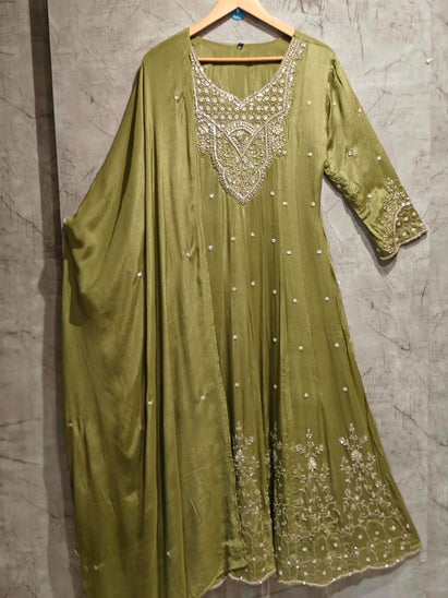 Mehandi Green Anarkali chinnon handwork party ware Kurtha 567