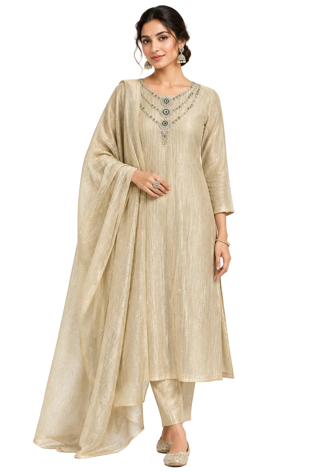 Cream Pure Soft Tissue Silk A line Kurtha 527