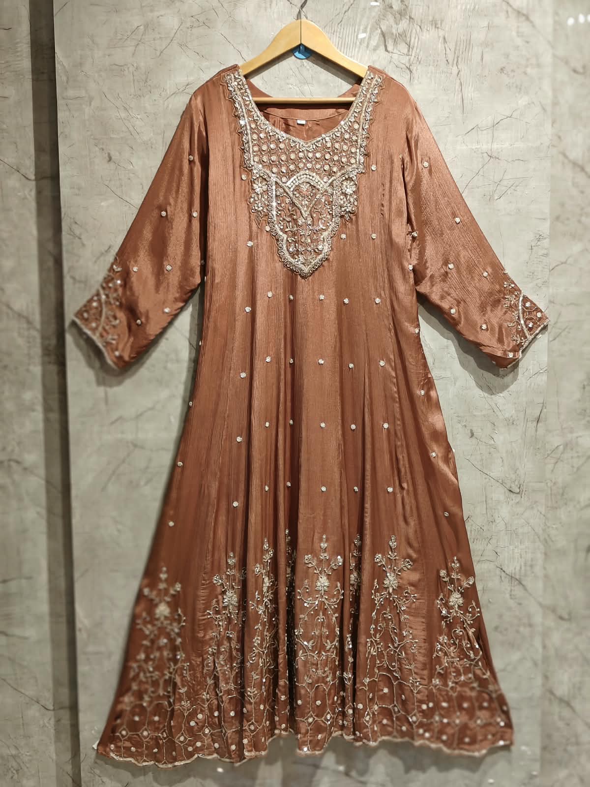 Rust Brown Anarkali chinnon handwork party ware Kurtha 567