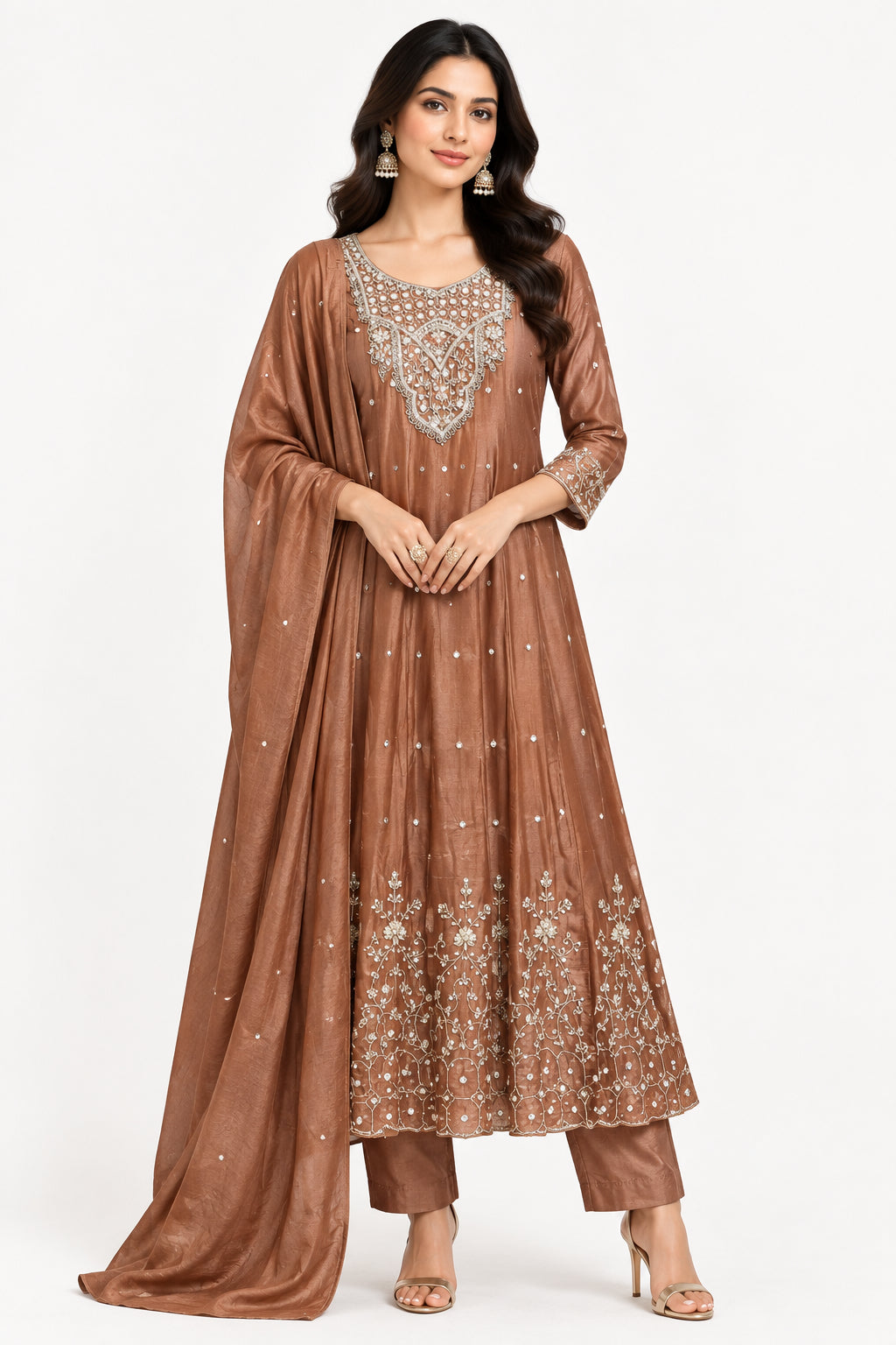 Rust Brown Anarkali chinnon handwork party ware Kurtha 567