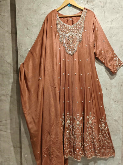 Rust Brown Anarkali chinnon handwork party ware Kurtha 567