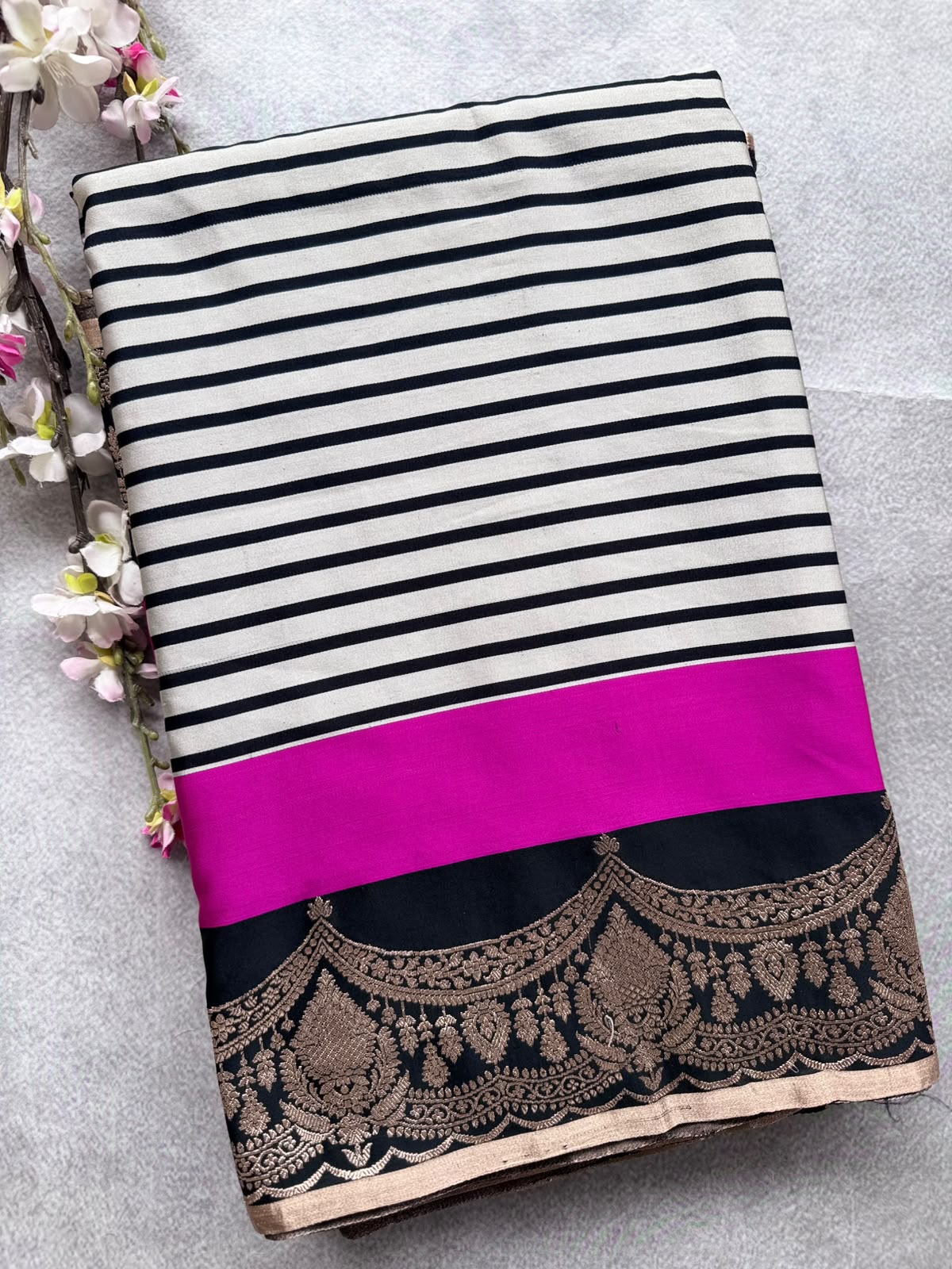 Black Stripes Pure Mashru Satin Saree (Swara)