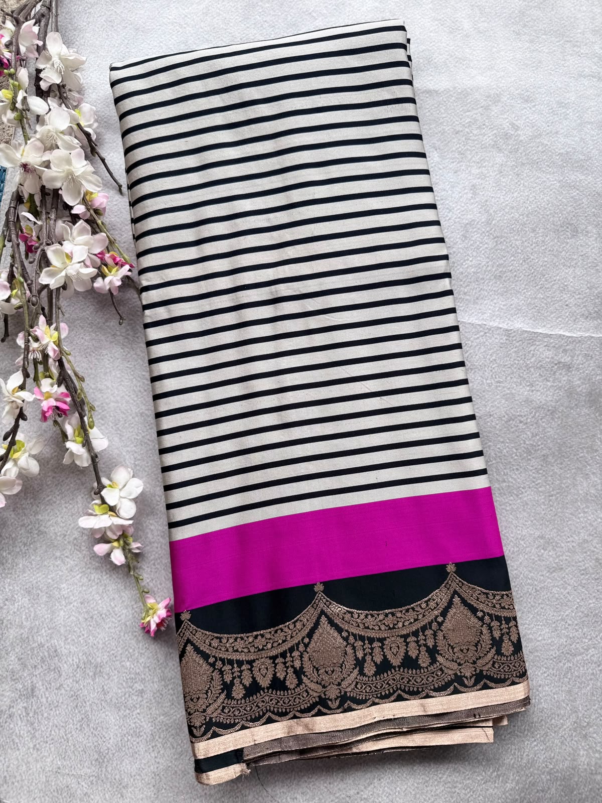 Black Stripes Pure Mashru Satin Saree (Swara)