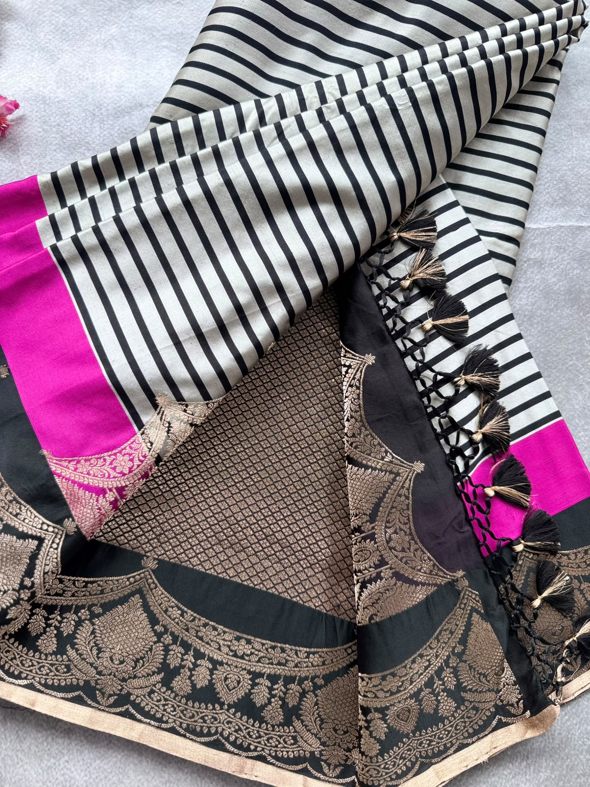 Black Stripes Pure Mashru Satin Saree (Swara)