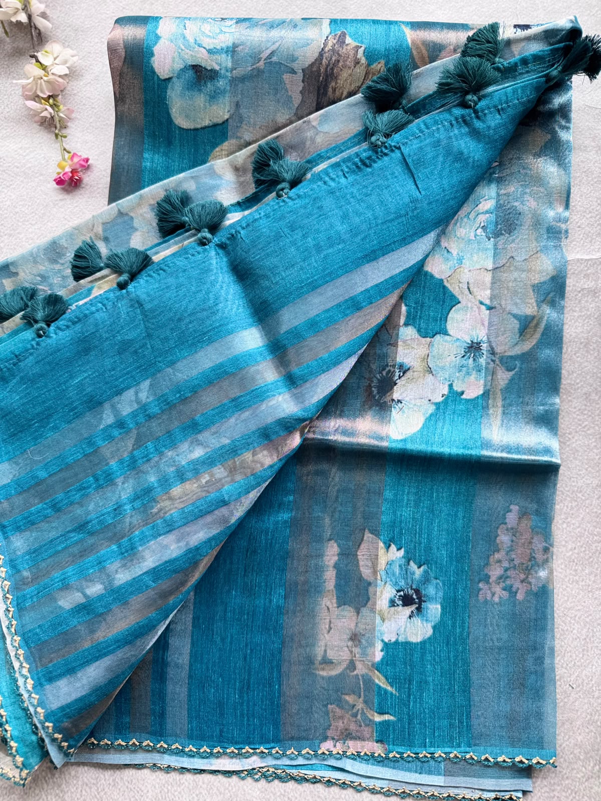Teal Digital Printed Organza Tissue Saree 109