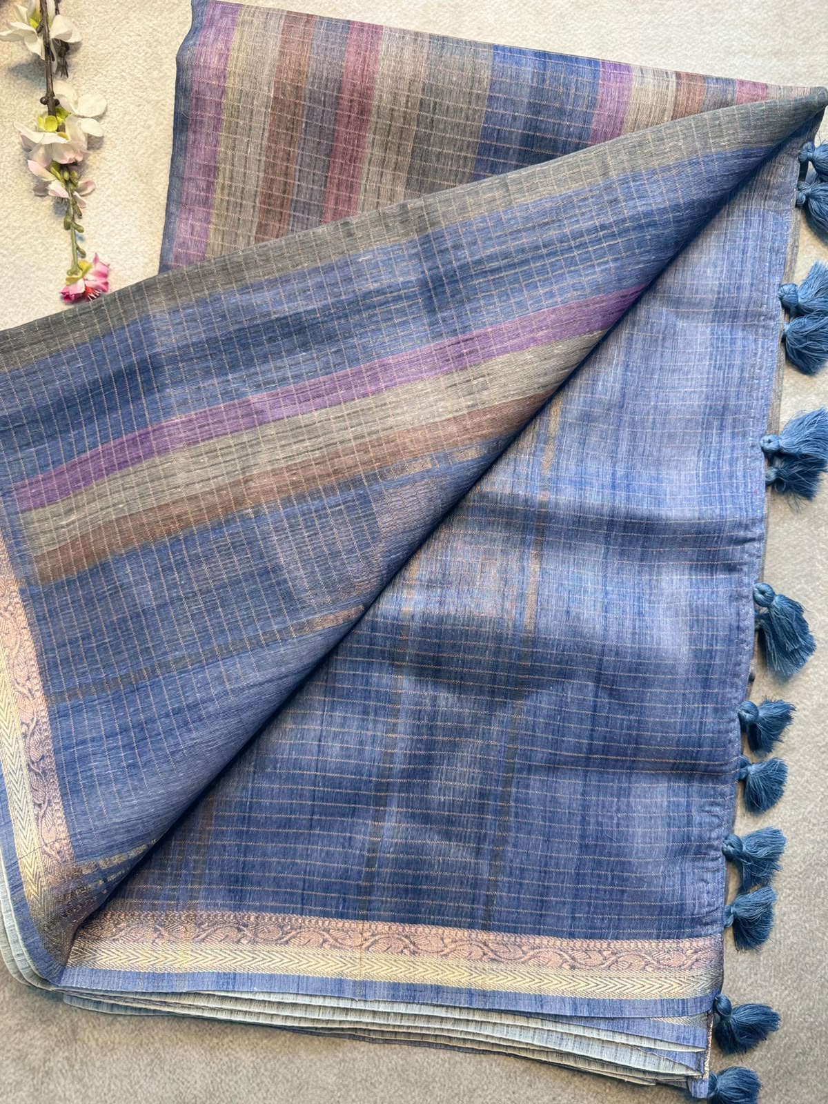 Blue Checks Organza Tissue Saree 109