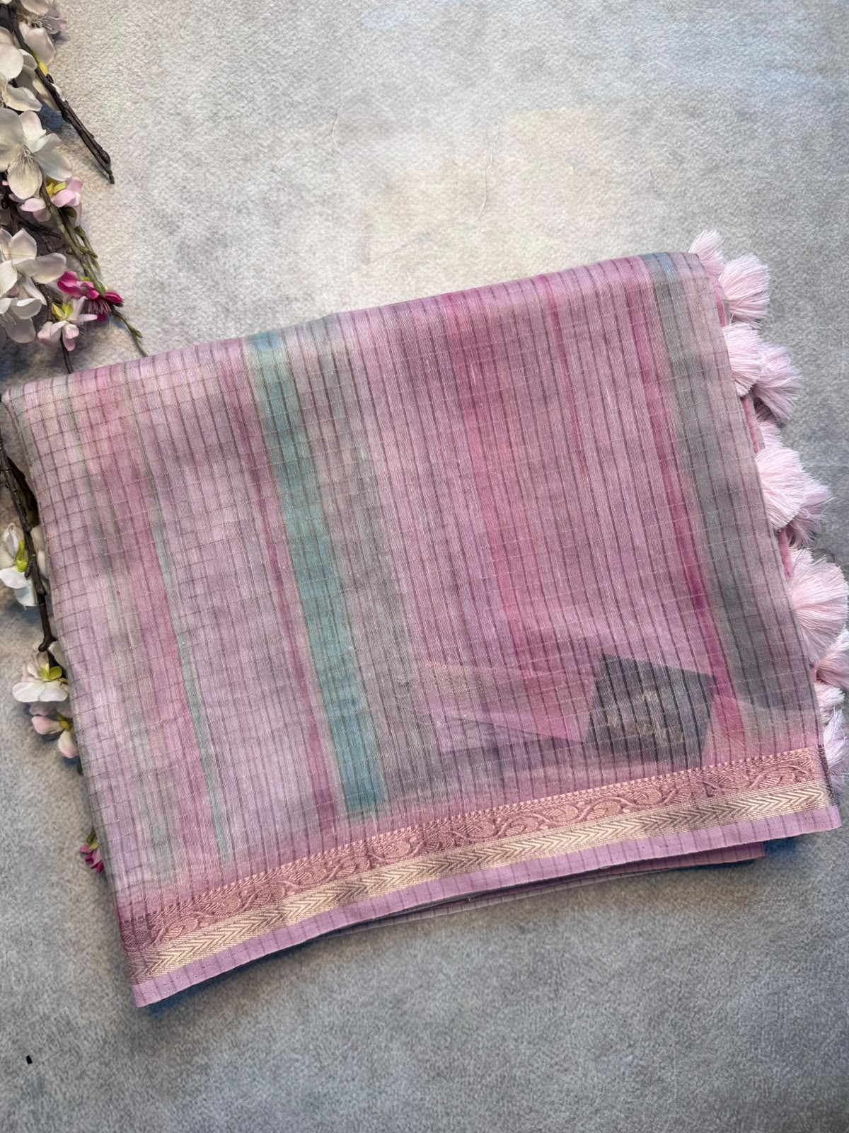 Pastel Pink Checks Organza Tissue Saree 109