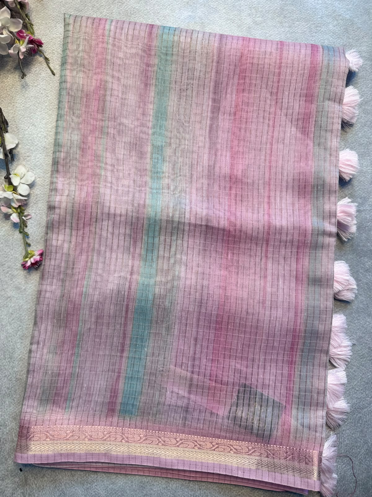 Pastel Pink Checks Organza Tissue Saree 109