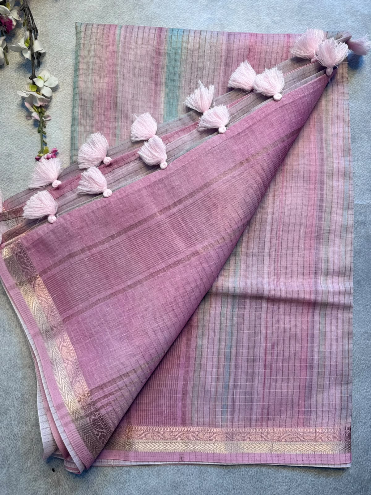 Pastel Pink Checks Organza Tissue Saree 109