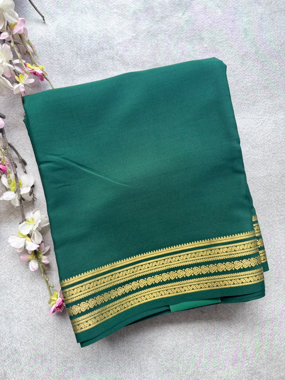 Bottle Green Pure Mysore Crepe Silk Saree with Unstitched Blouse 110