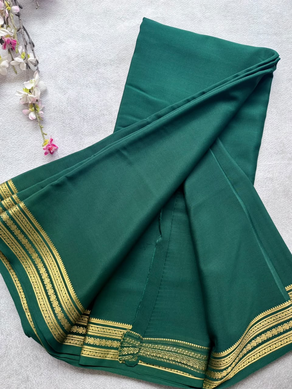 Bottle Green Pure Mysore Crepe Silk Saree with Unstitched Blouse 110