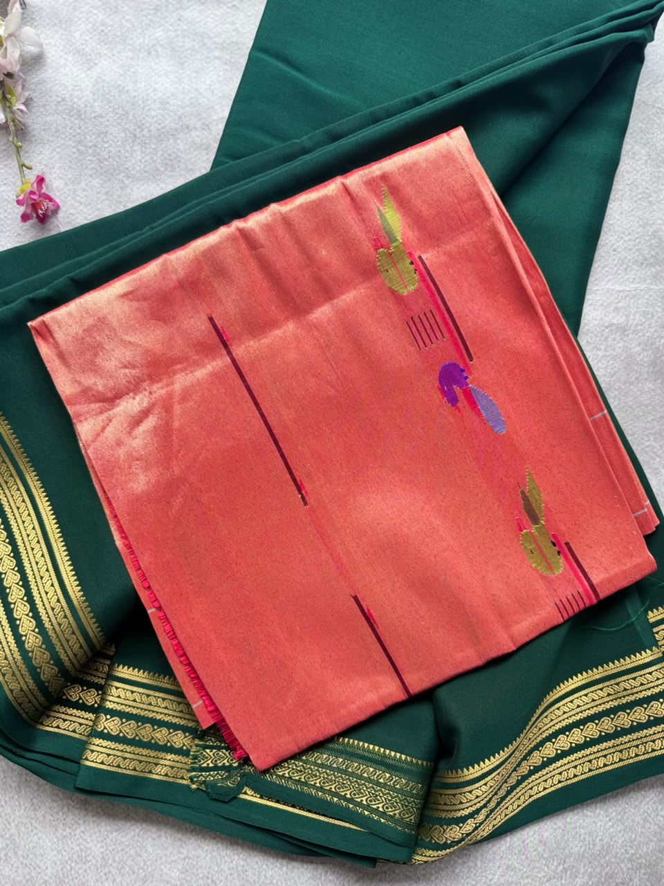 Bottle Green Pure Mysore Crepe Silk Saree with Unstitched Blouse 110