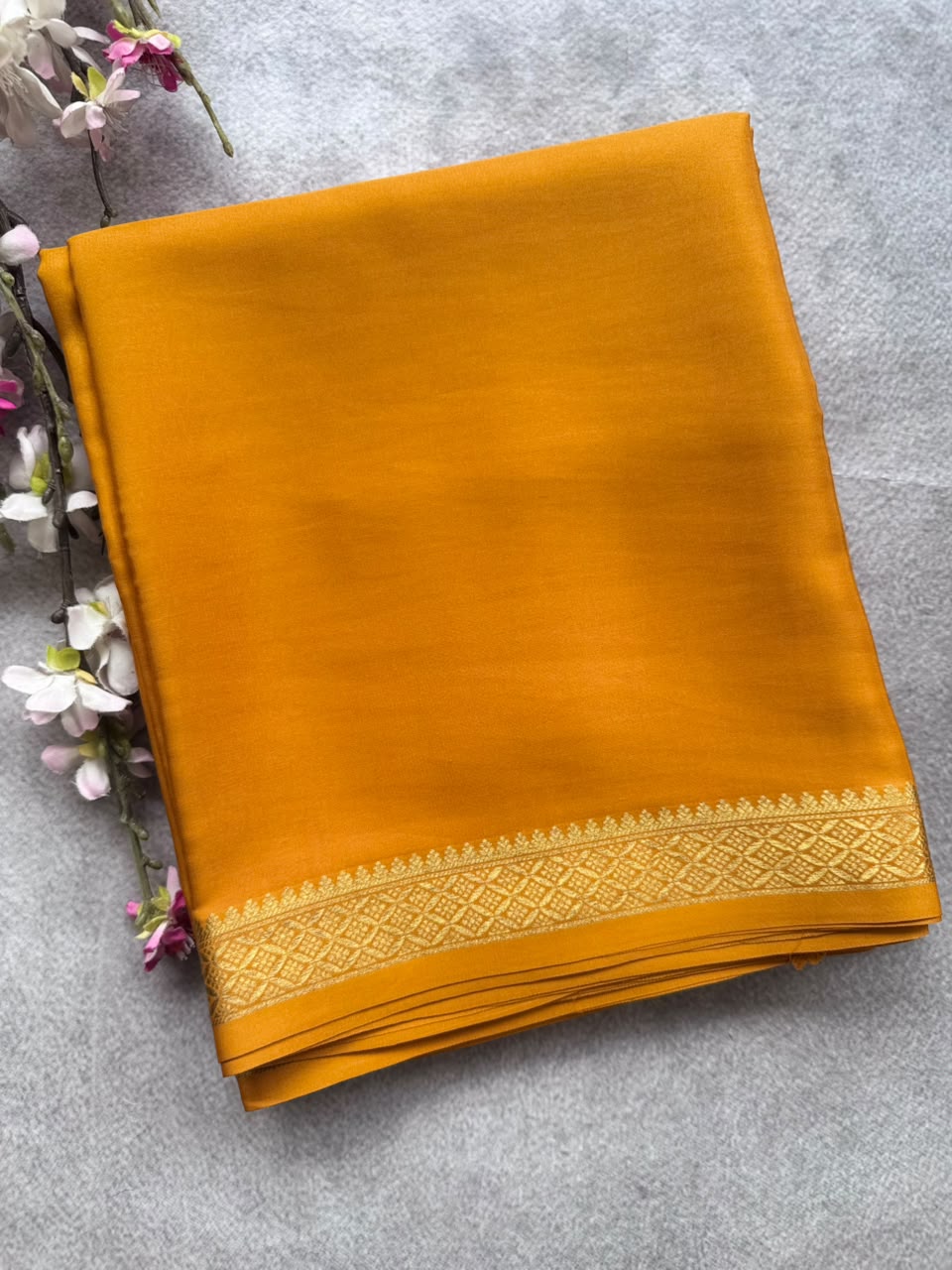 Mustard Pure Mysore Crepe Silk Saree with Unstitched Blouse 110