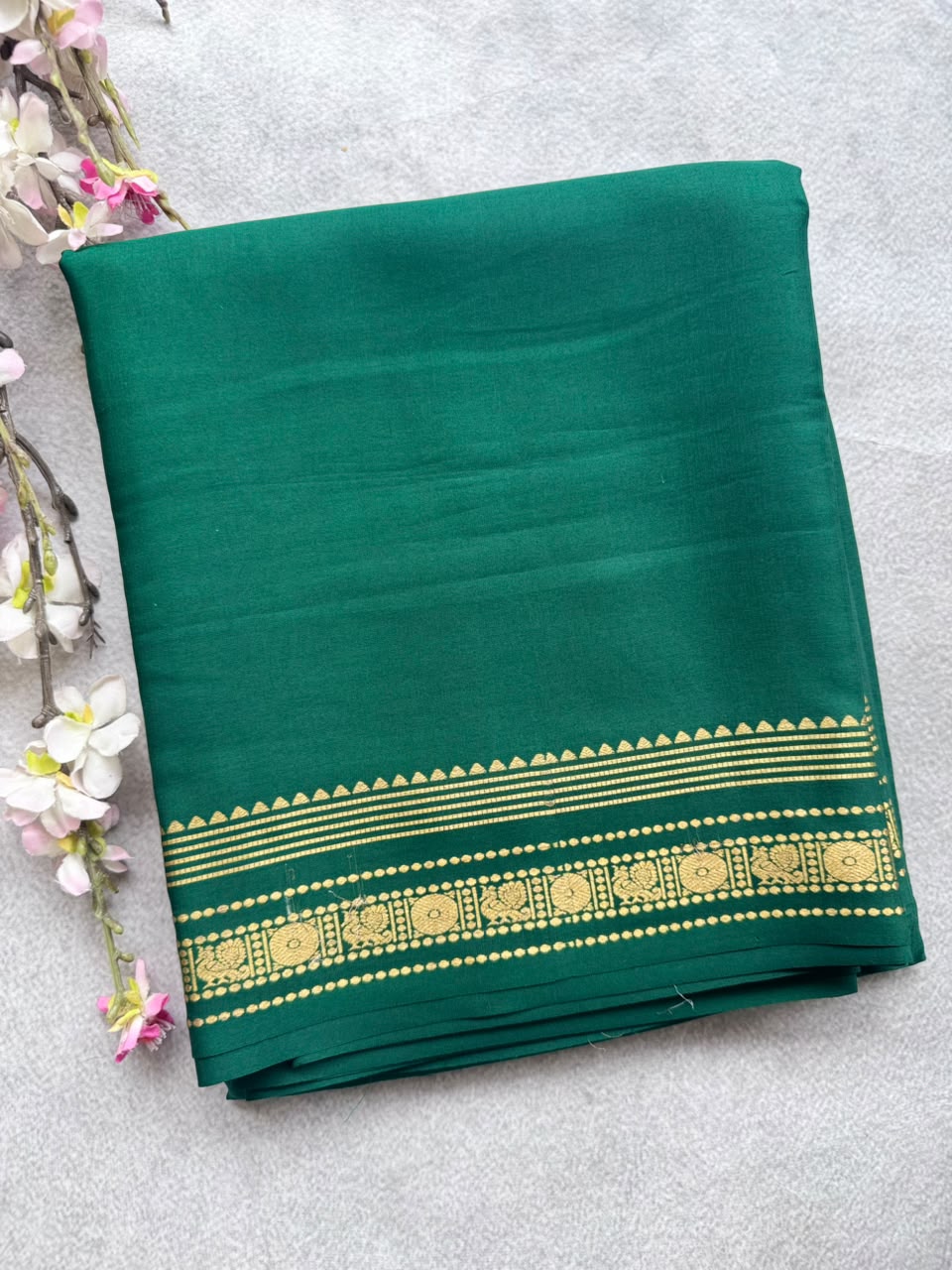 Bottle Green Pure Mysore Crepe Silk Saree with Unstitched Blouse 110