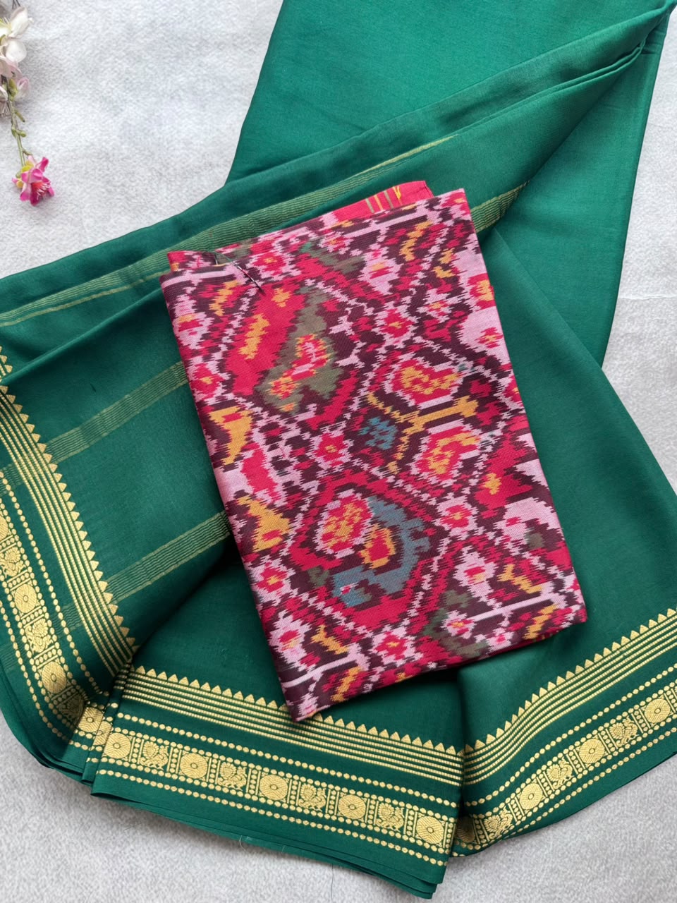 Bottle Green Pure Mysore Crepe Silk Saree with Unstitched Blouse 110