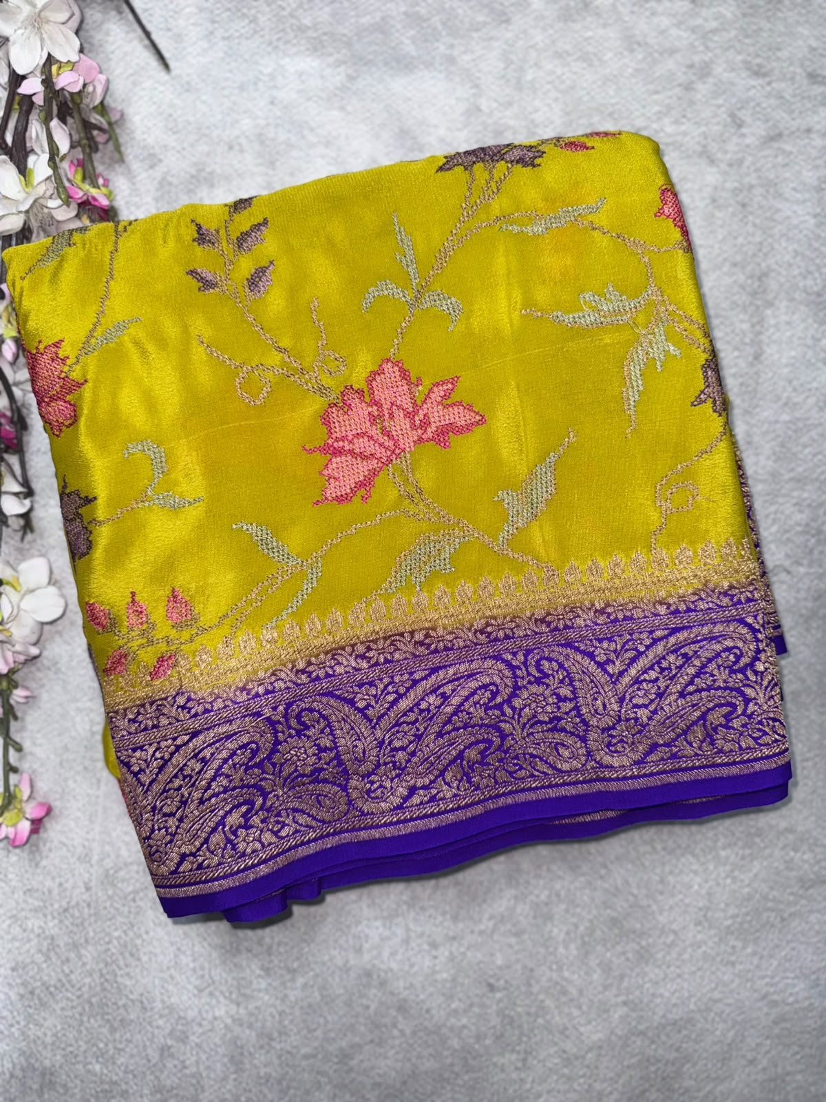 Yellow Embroidery Pure Benarasi Crepe Saree 110