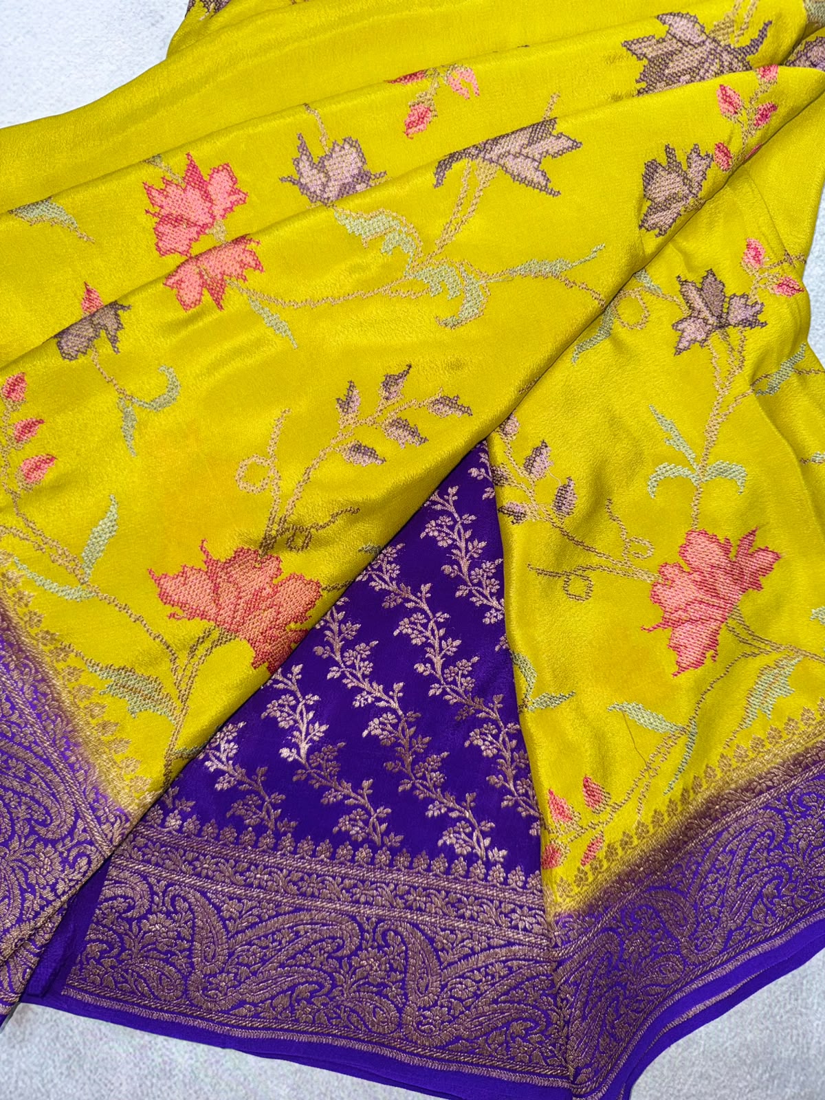 Yellow Embroidery Pure Benarasi Crepe Saree 110