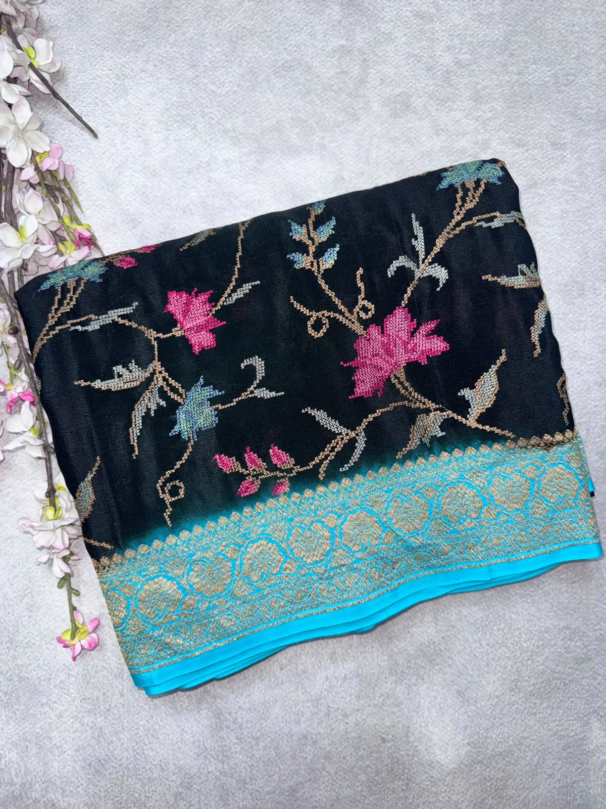 Black Embroidery Pure Benarasi Crepe Saree 110