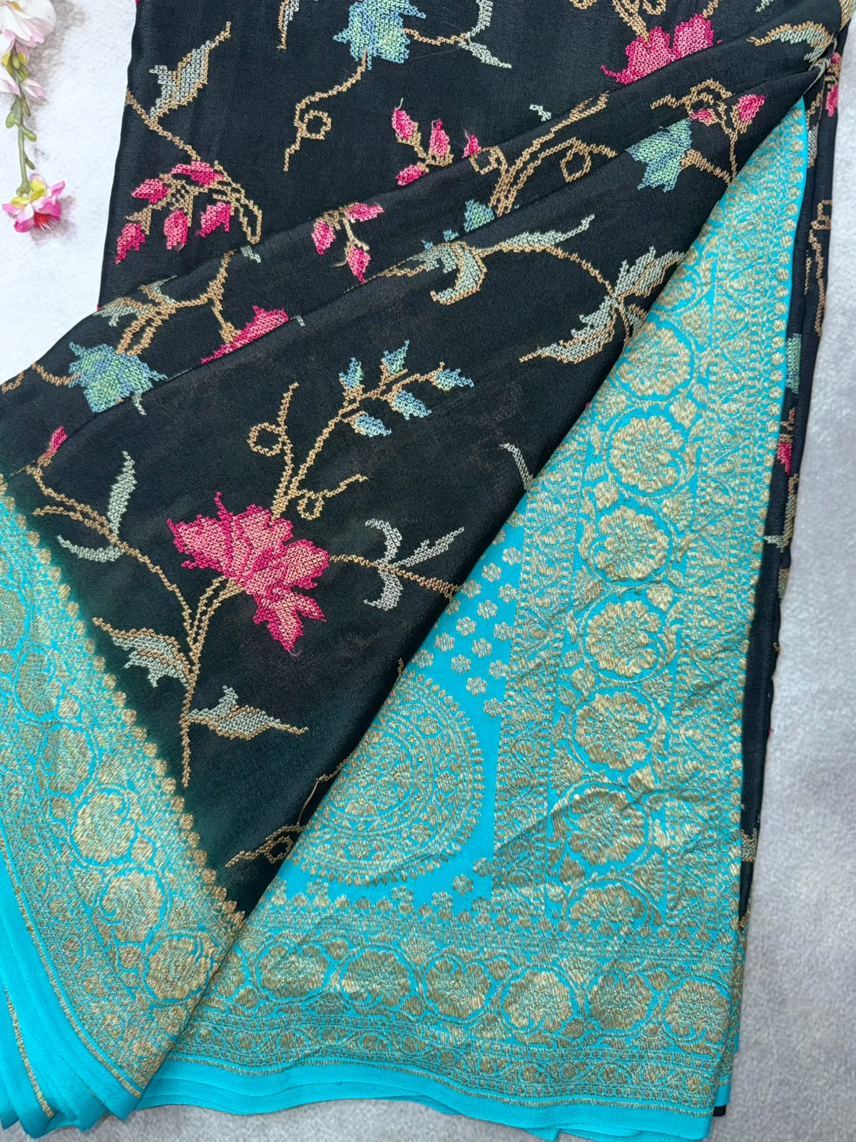 Black Embroidery Pure Benarasi Crepe Saree 110
