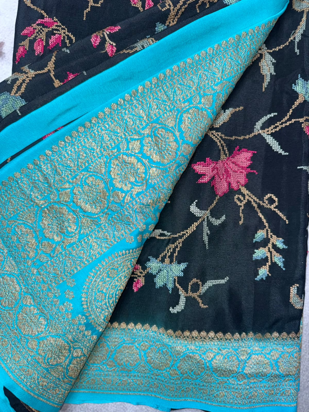 Black Embroidery Pure Benarasi Crepe Saree 110